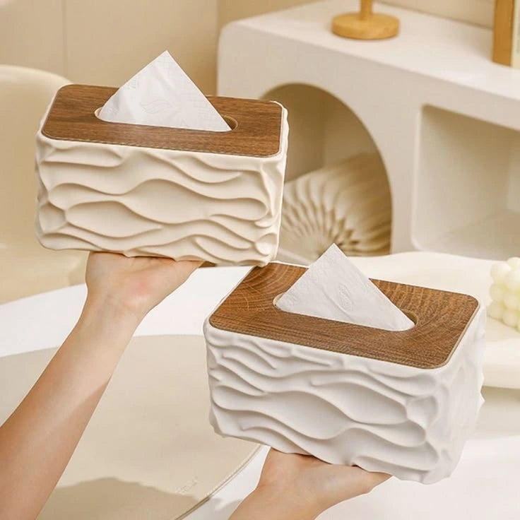 Elegant Wave Pattern Tissue Box – Wooden Lid Tissue Holder