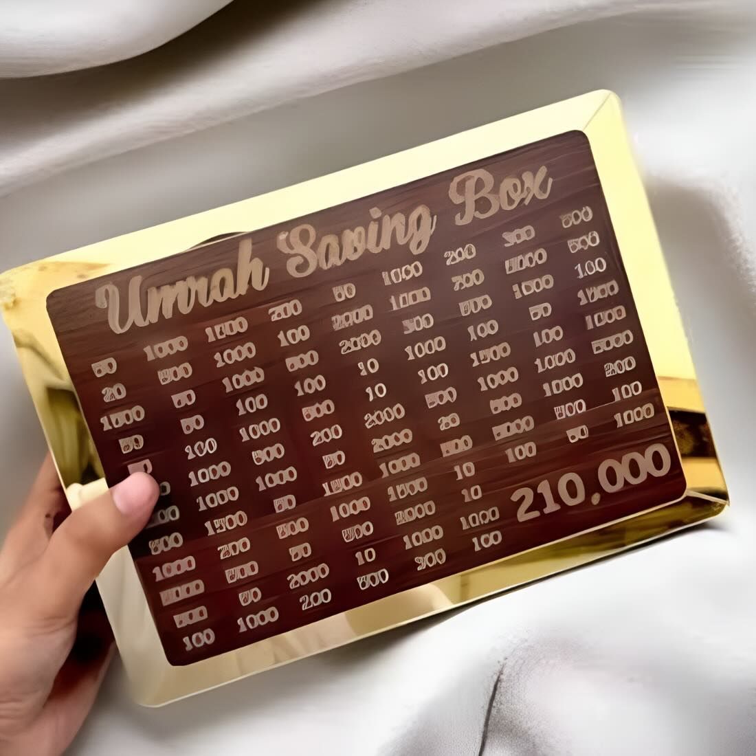 Secure Umrah fund saving box with clear markings for 210000 rupees journey Pakistan