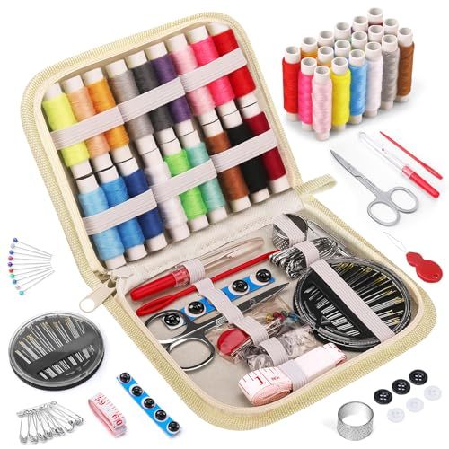 Complete sewing repair kit showing 22 color threads organized storage case and tools