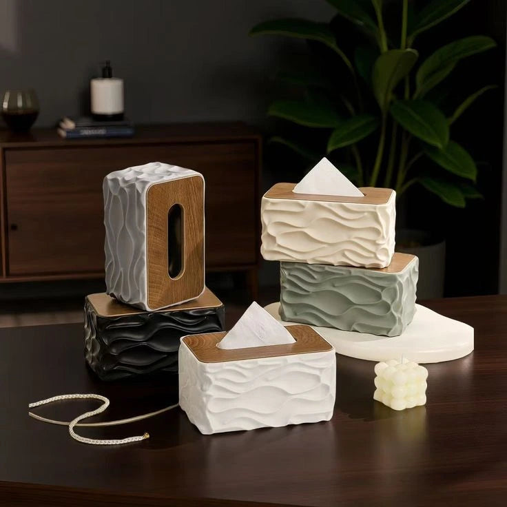 Elegant Wave Pattern Tissue Box – Wooden Lid Tissue Holder