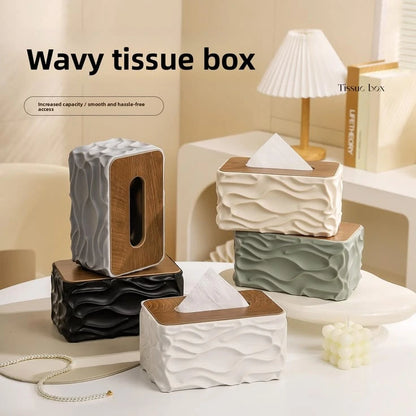 Elegant Wave Pattern Tissue Box – Wooden Lid Tissue Holder