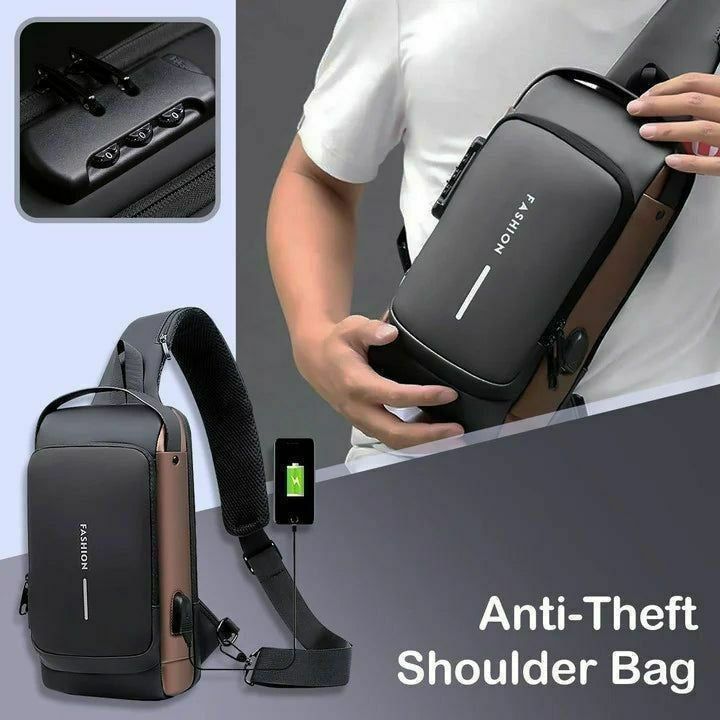 Anti-Theft Waterproof Sling Bag with USB Charging & Combination Lock