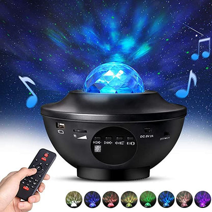 Children bedroom decorated with galaxy star projector creating peaceful night sky ambiance