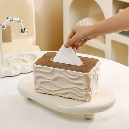 Elegant Wave Pattern Tissue Box – Wooden Lid Tissue Holder