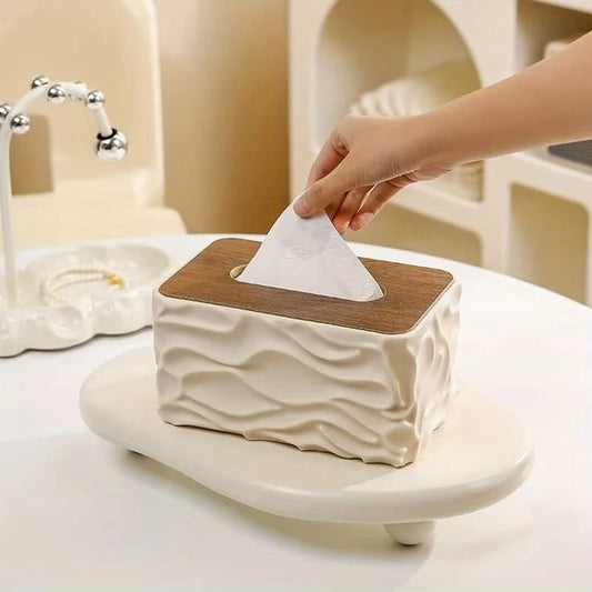 Elegant Wave Pattern Tissue Box – Wooden Lid Tissue Holder